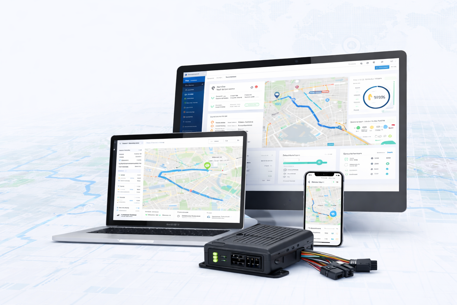 Fleet management software interface with real-time GPS vehicle tracking on desktop and mobile